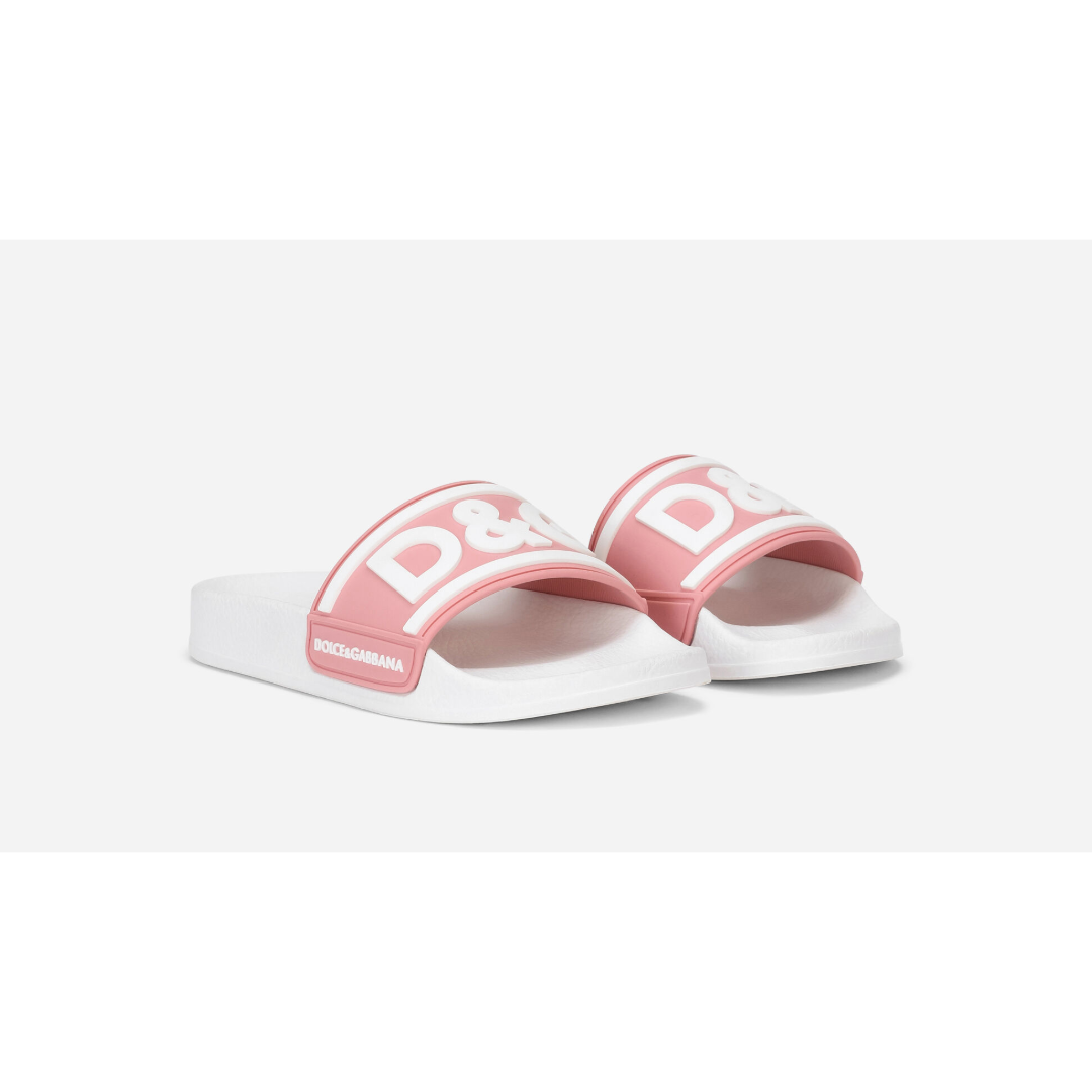 DOLCE & GABBANA KIDS RUBBER SLIDERS WITH LOGO PRINT PINK