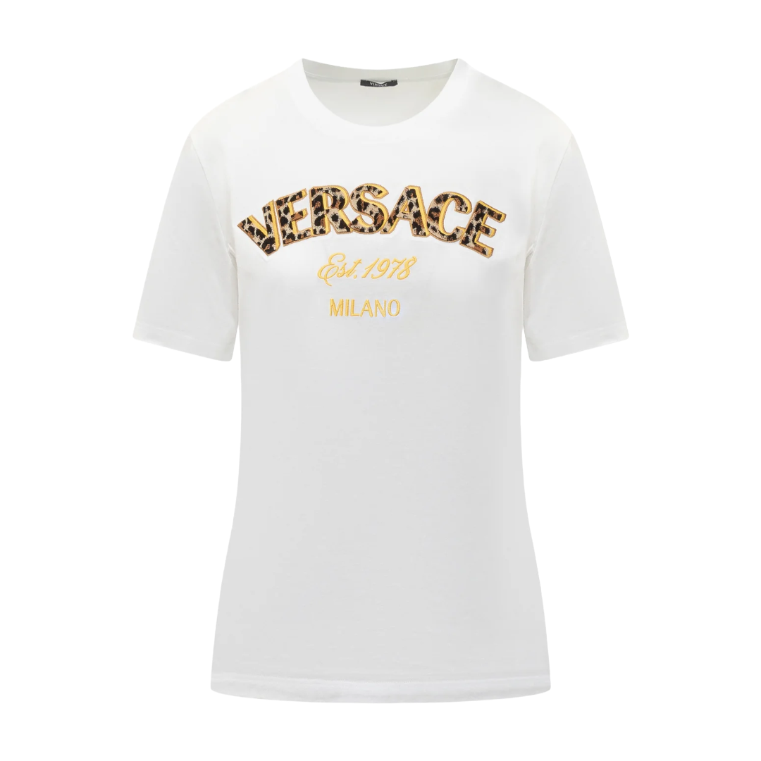 VERSACE LOGO-EMBROIDERED CREWNECK T-SHIRT WHITE