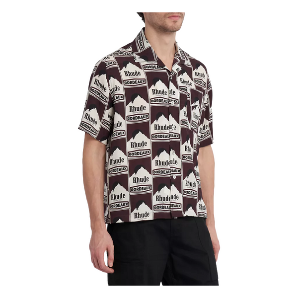 MOONLIGHT BORDEAUX ABSTRACT SILK SHORT-SLEEVE SHIRT MAROON/WHITE