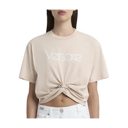 LOGO TWIST SAFETY PIN CROP TOP BEIGE