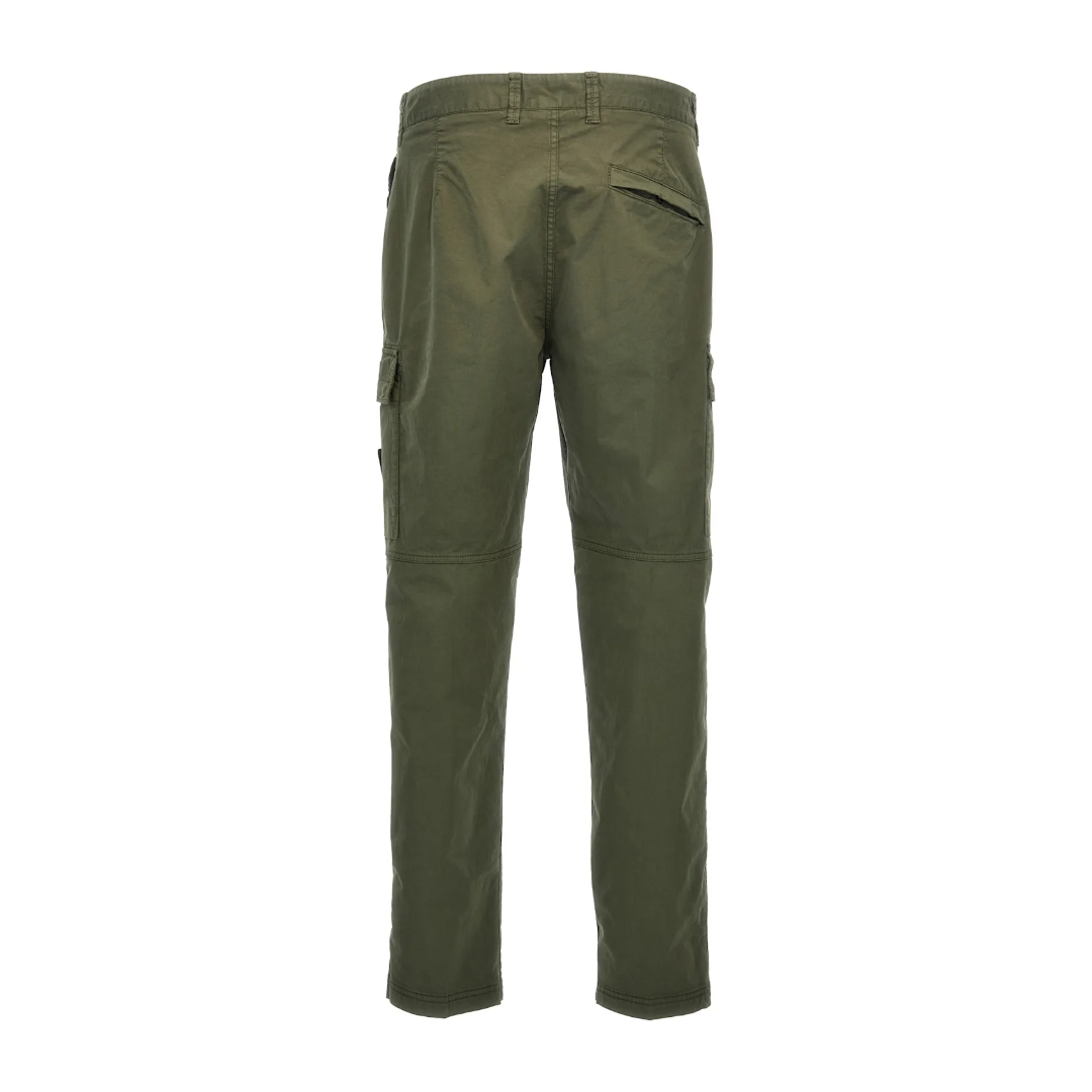 CARGO PANTS WITH ZIPPER POCKETS 3100304 STRETCH ORGANIC BROKEN TWILL COTTON 'OLD' EFFECT MILITARY GREEN