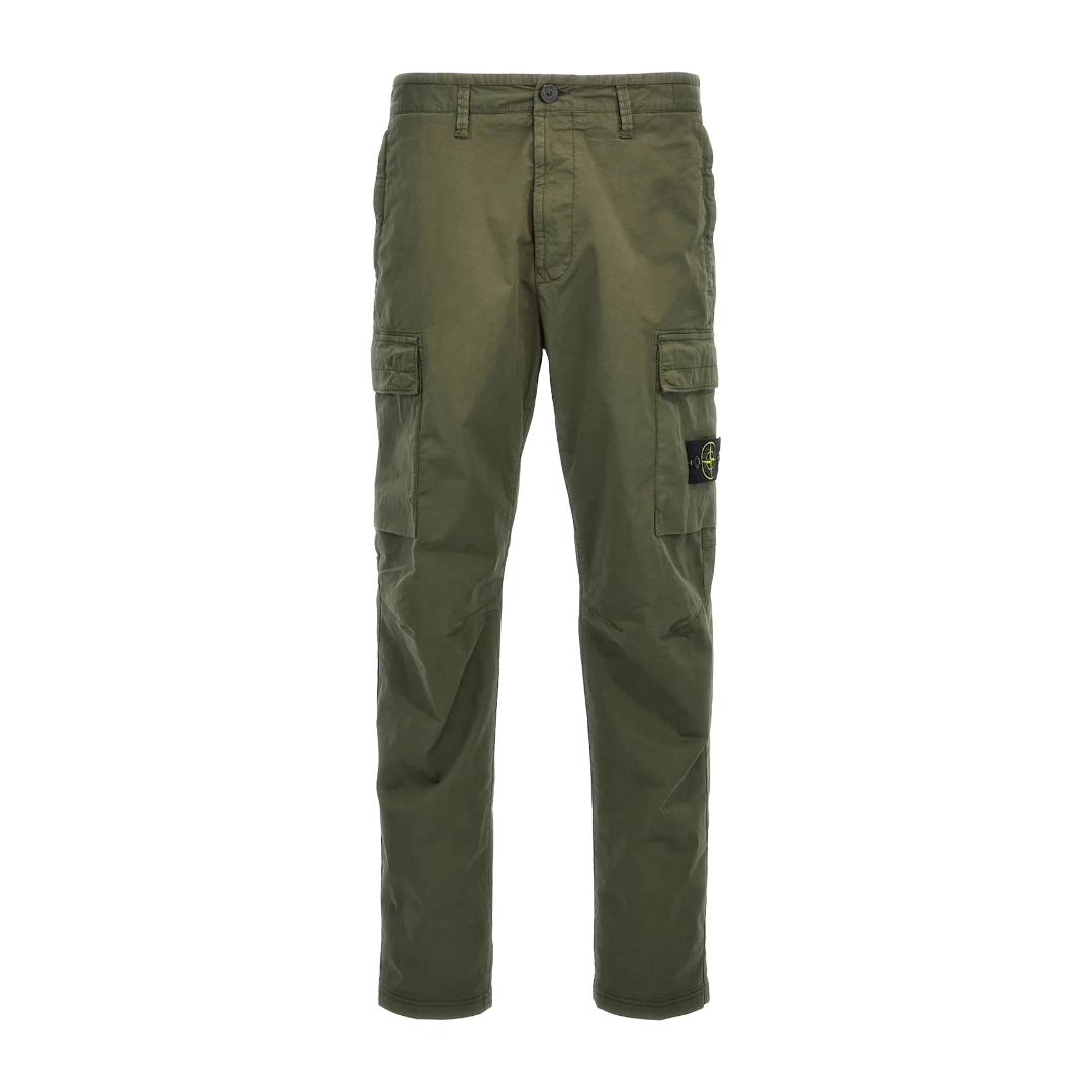 CARGO PANTS WITH ZIPPER POCKETS 3100304 STRETCH ORGANIC BROKEN TWILL COTTON 'OLD' EFFECT MILITARY GREEN