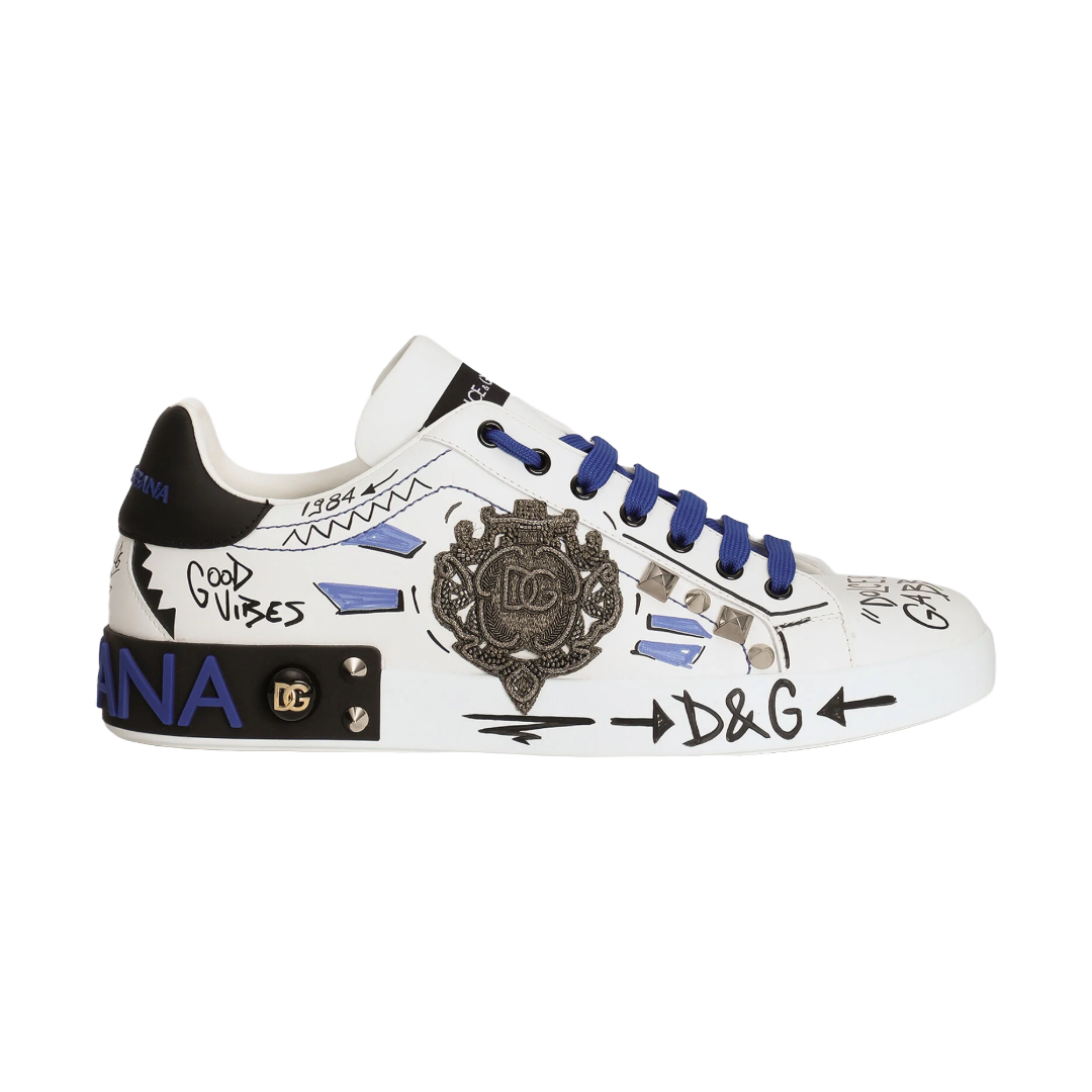 MENS CALFSKIN PORTOFINO SNEAKERS WITH PATCH BLUE/WHITE