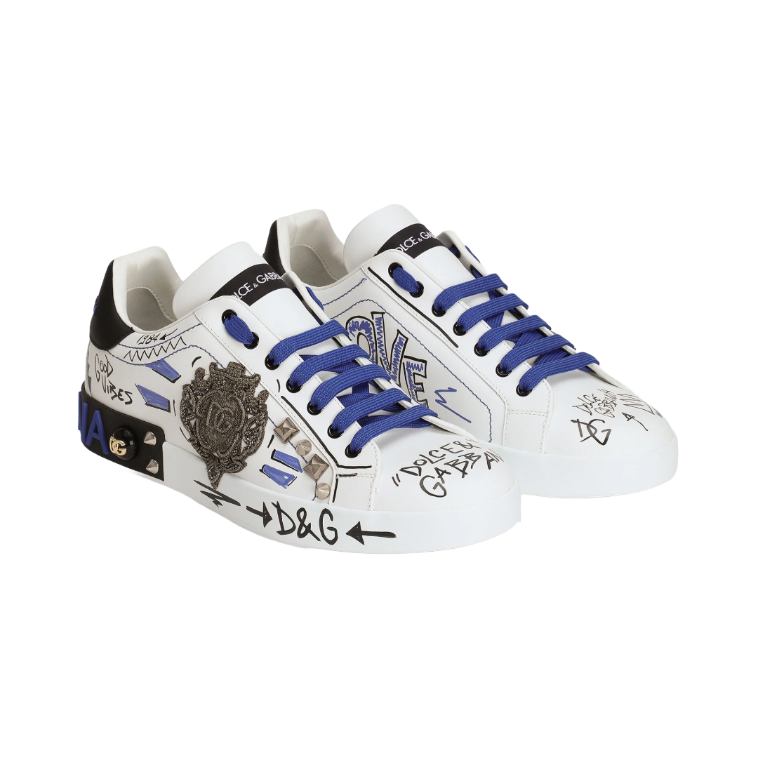 MENS CALFSKIN PORTOFINO SNEAKERS WITH PATCH BLUE/WHITE