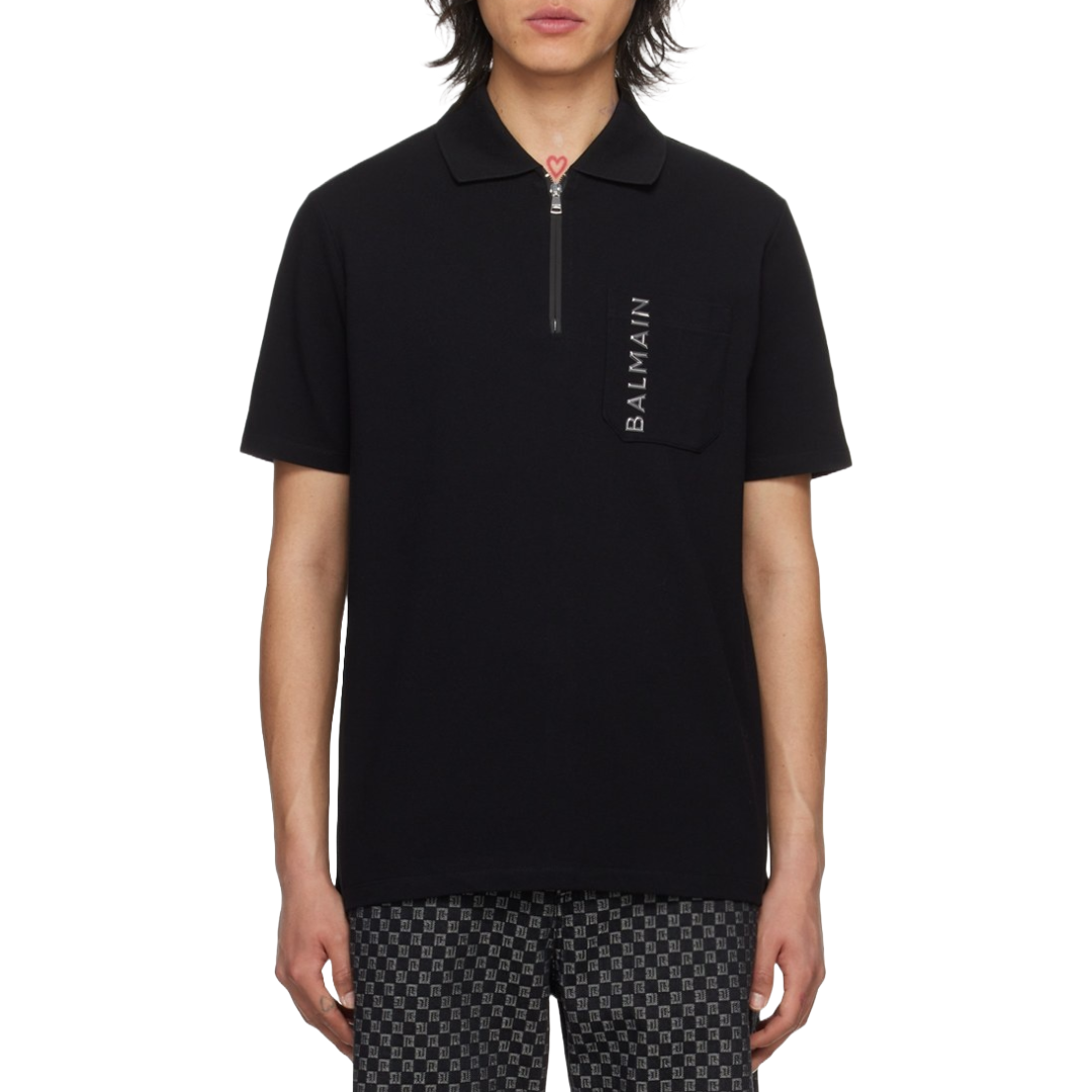 BALMAIN LAMINATED ZIPPED POLO BLACK