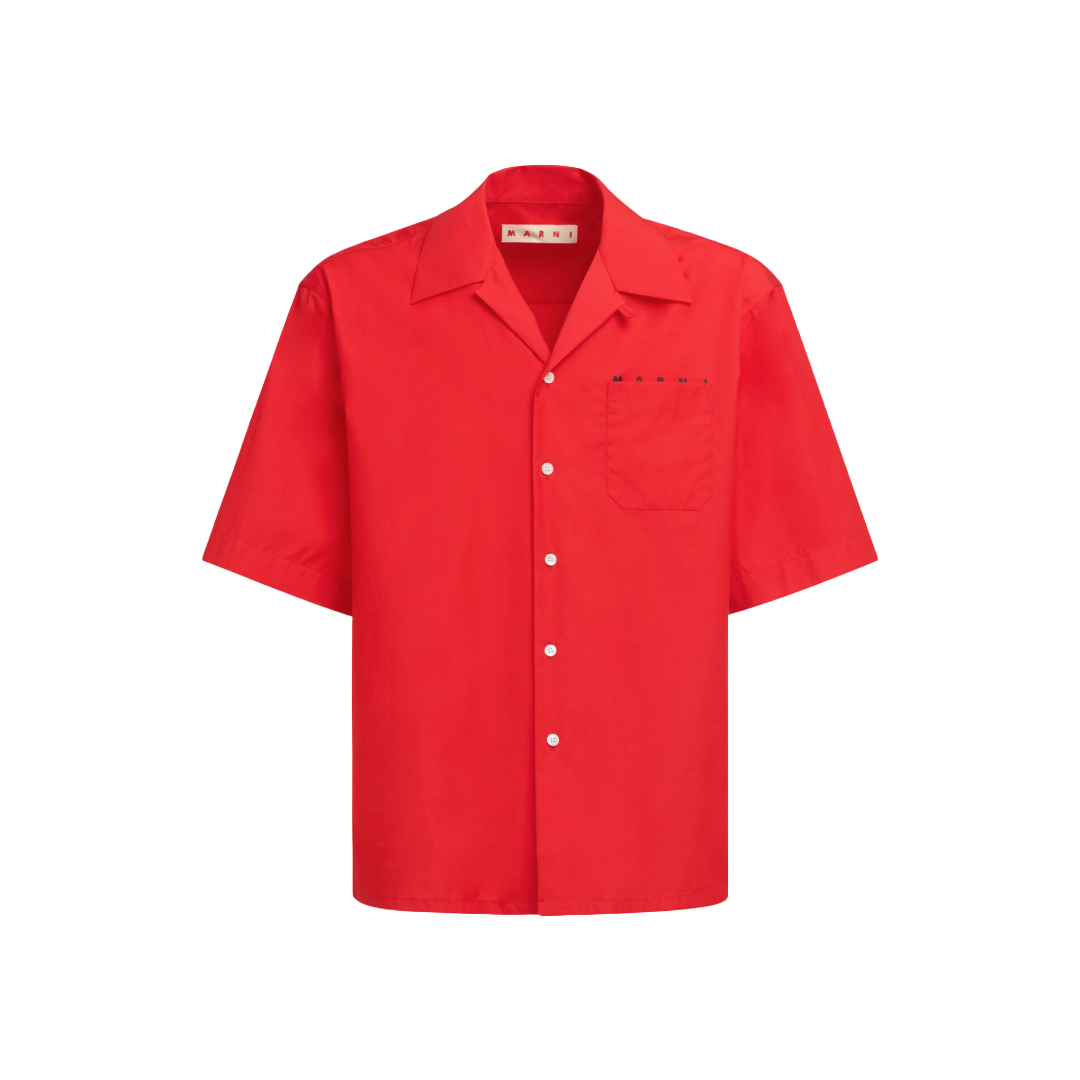 RED ORGANIC POPLIN BOWLING SHIRT WITH HIDDEN LOGO