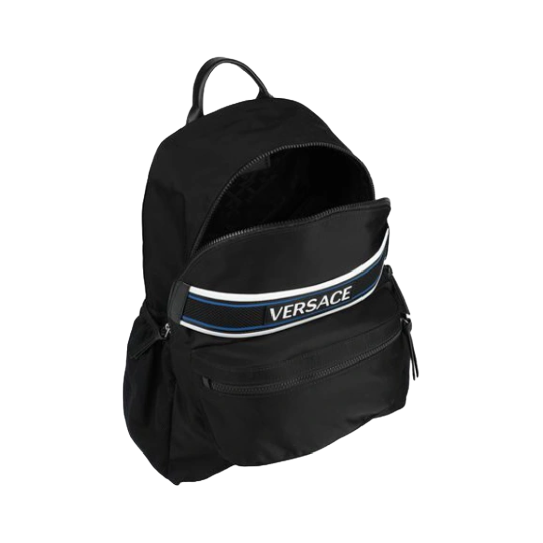 BLACK NYLON BACKPACK WITH BLUE STRIPE