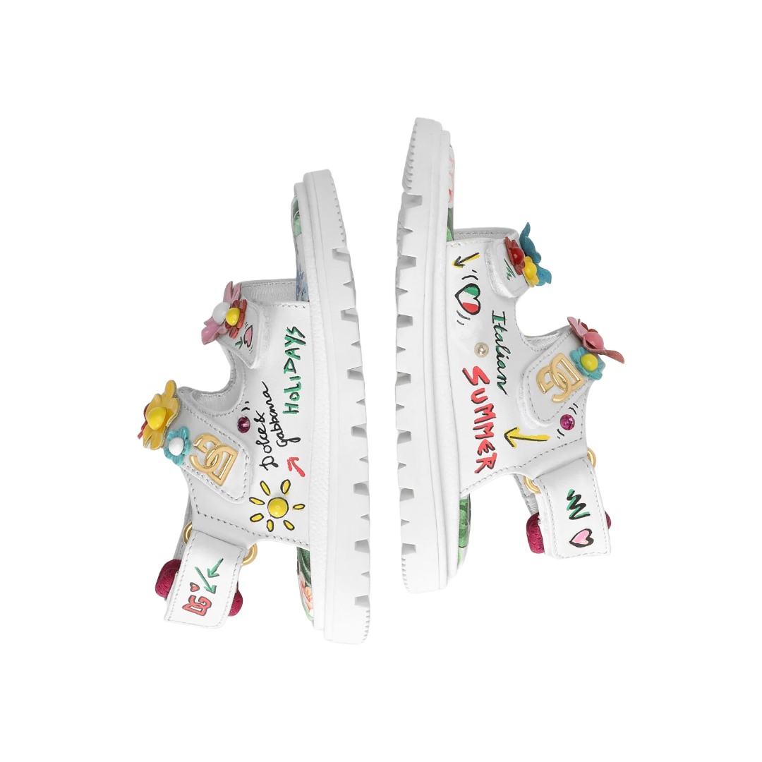 KIDS PRINTED CALFSKIN SANDALS WITH FLOWERS AND DG LOGO