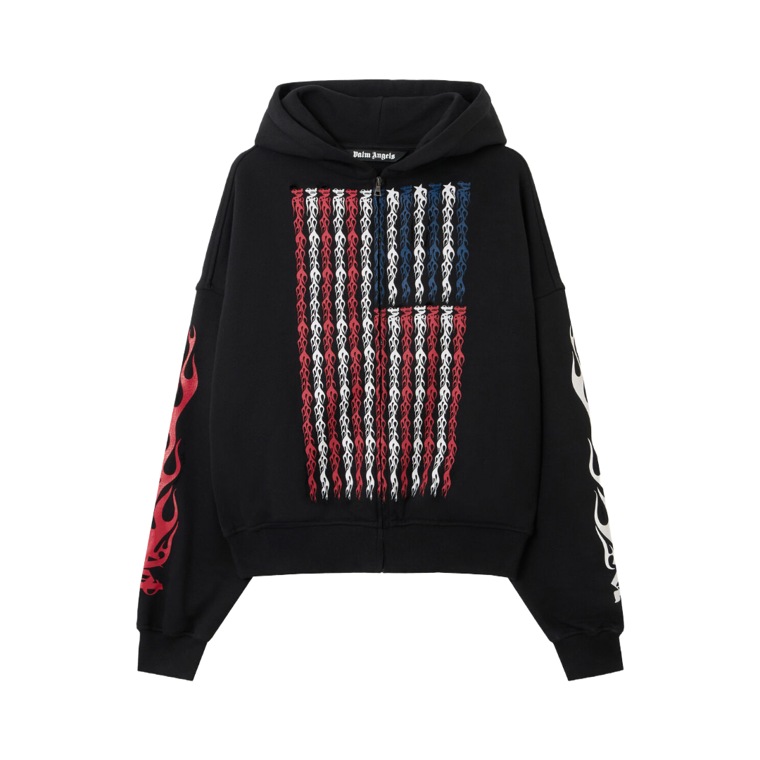 FLAMES FLAG ZIP HOODIE IN BLACK