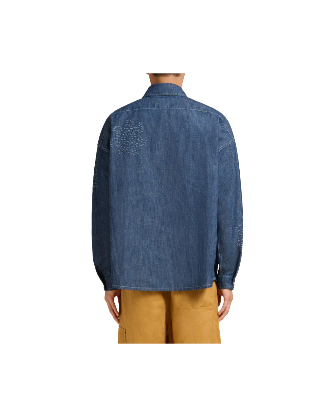 BLUE CHAMBRAY OVERSIZED SHIRT WITH FRAYED SUN MOTIF