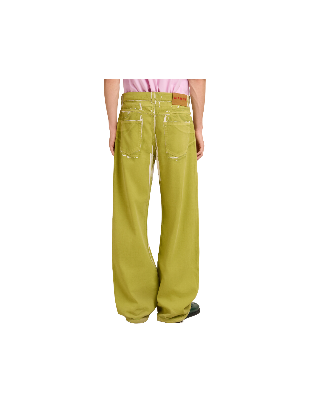 GREEN SCREEN-PRINTED DENIM WIDE LEG PANTS