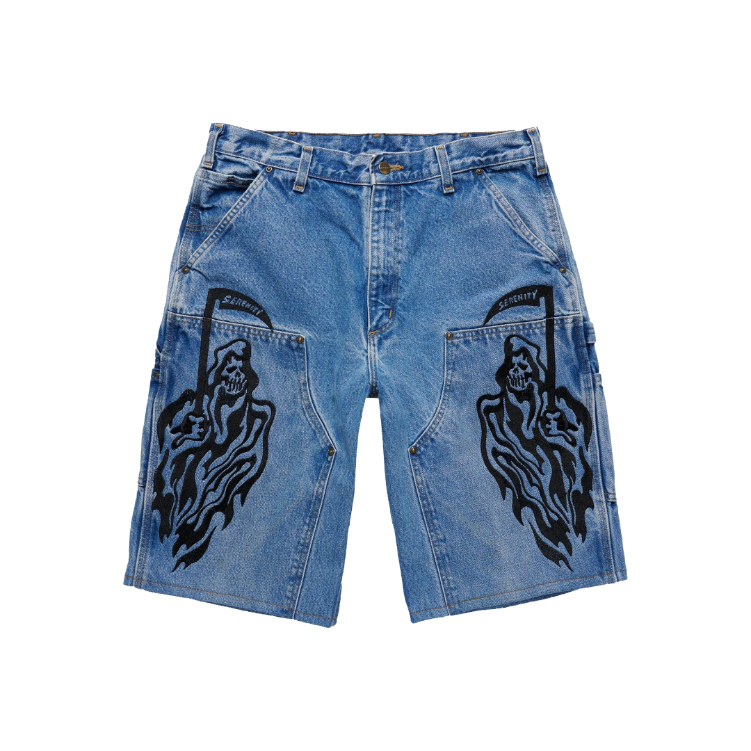 SERENITY VINTAGE CARHARTT DOUBLE KNEE SHORTS BLUE DENIM/BLACK