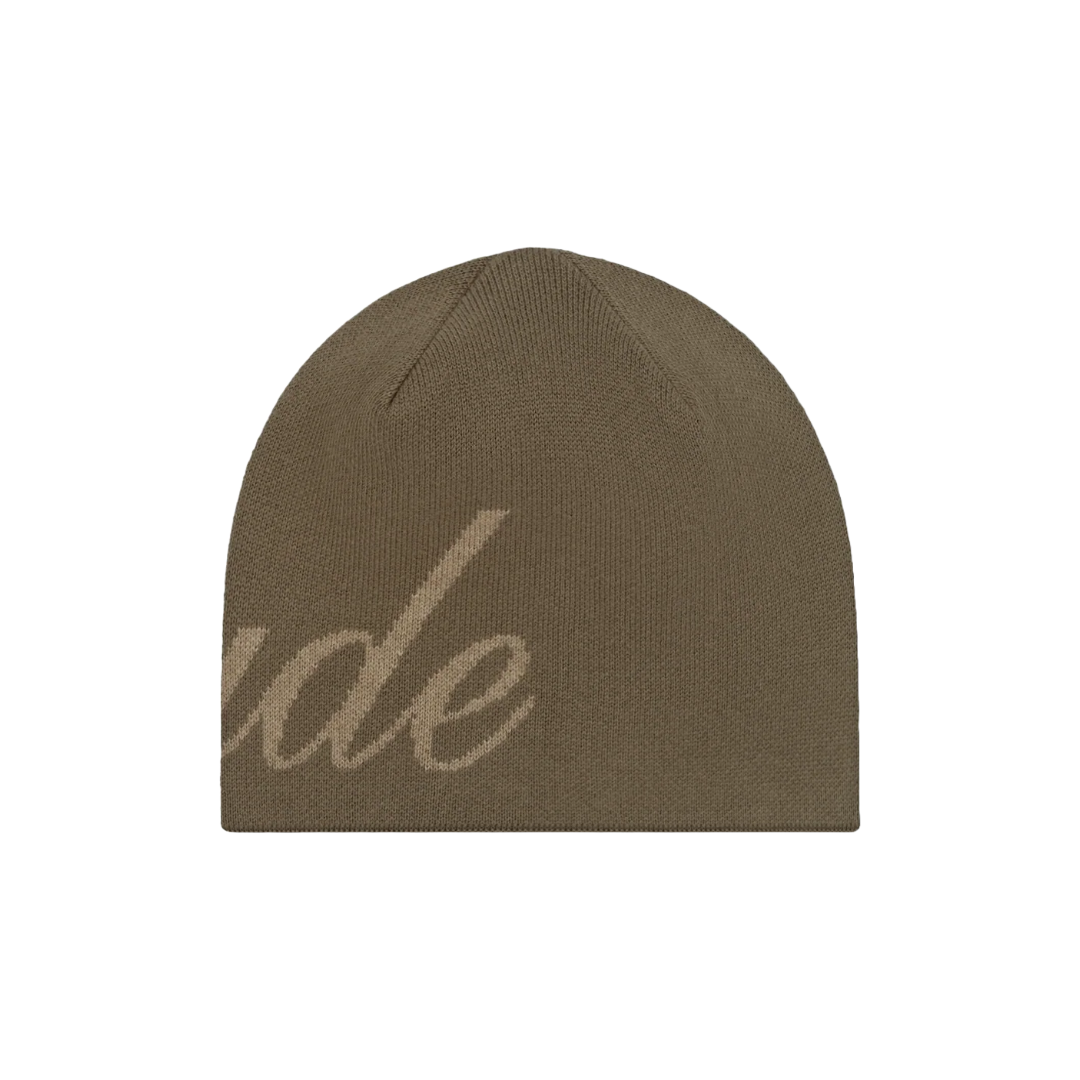 RHUDE SCRIPT KNIT BEANIE BROWN/TAN