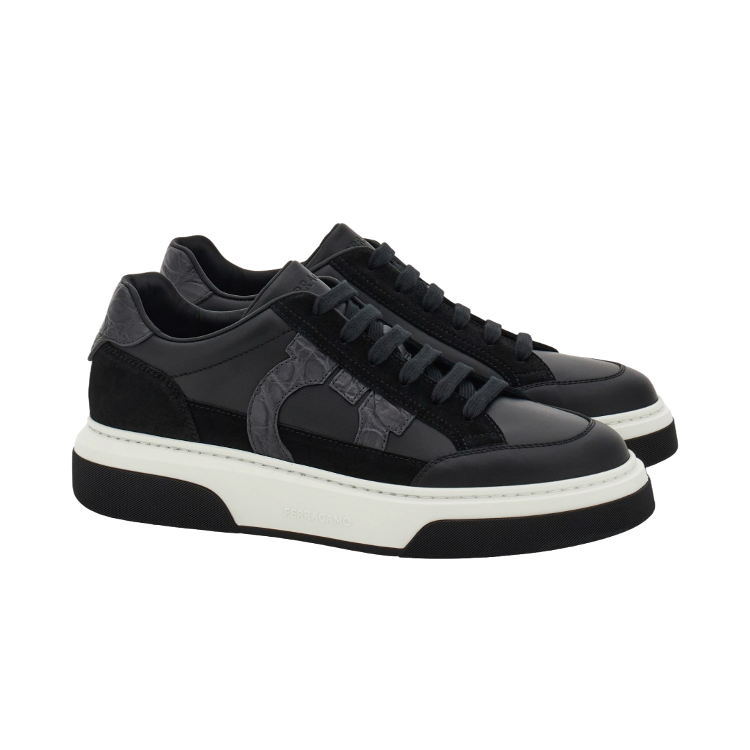 LOW TOP SNEAKER WITH GANCINI OUTLINE BLACK/STROMBOLI SAND