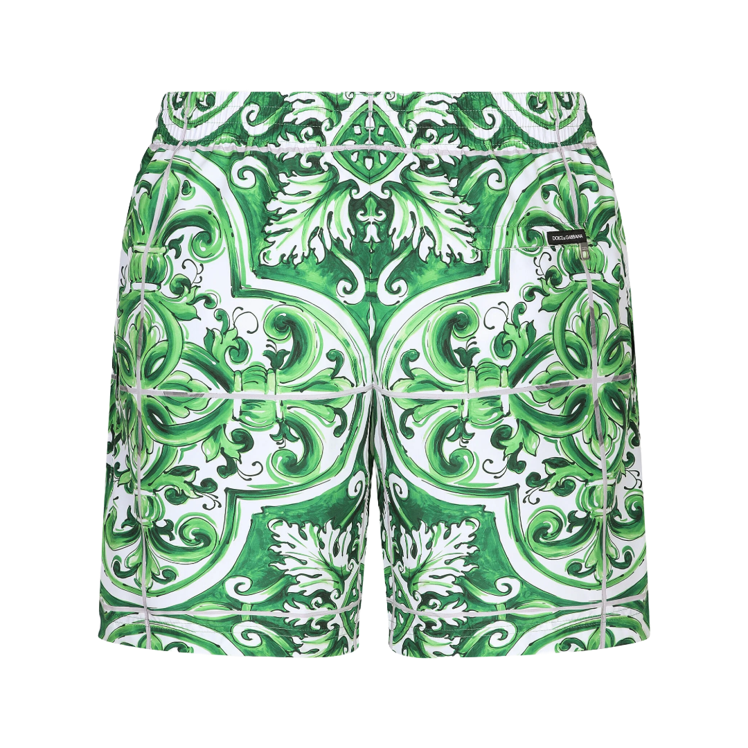 MID LENGTH MAJOLICA PRINT SWIM TRUNKS GREEN