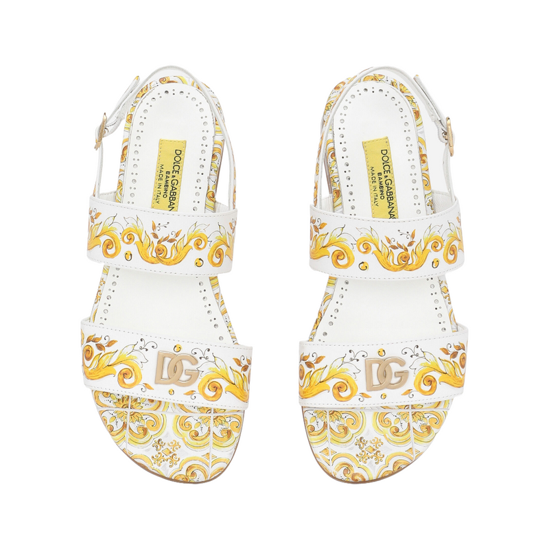 KIDS CALFSKIN SANDALS WITH YELLOW MAJOLICA PRINT