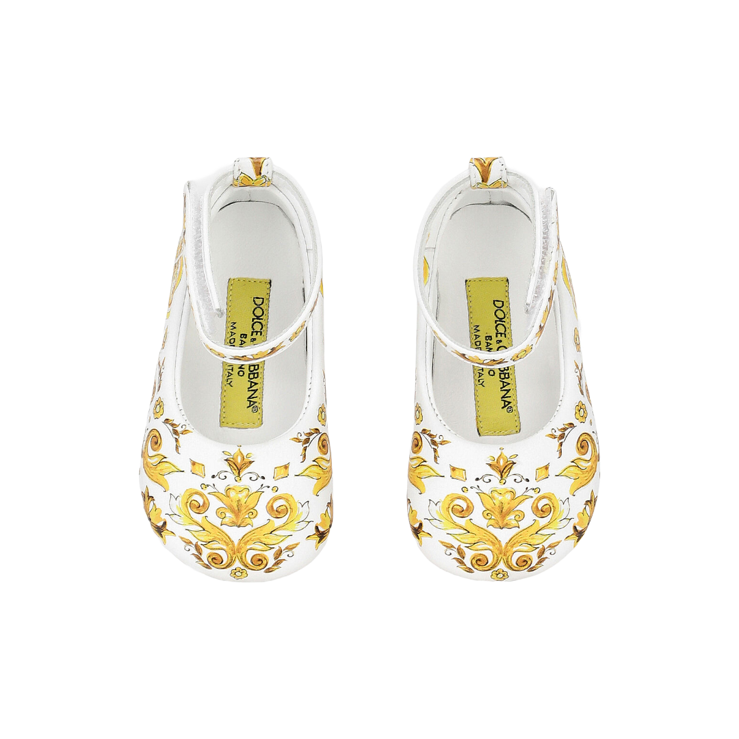 KIDS BABY LAMBSKIN BALLET FLATS WITH YELLOW MAJOLICA PRINT