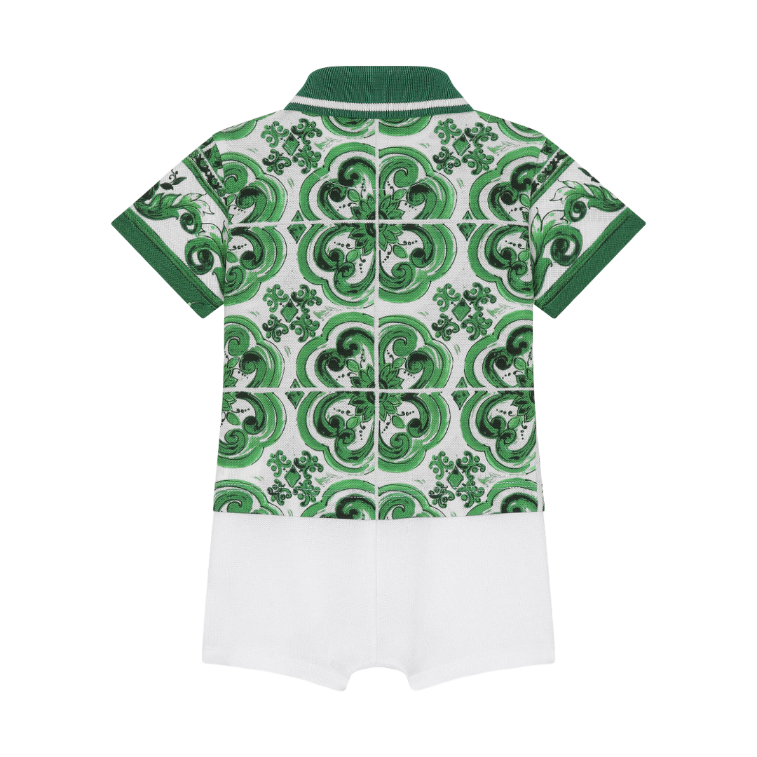 KIDS BABY PIQUE ONESIE WITH GREEN MAJOLICA PRINT AND DG LOGO GREEN