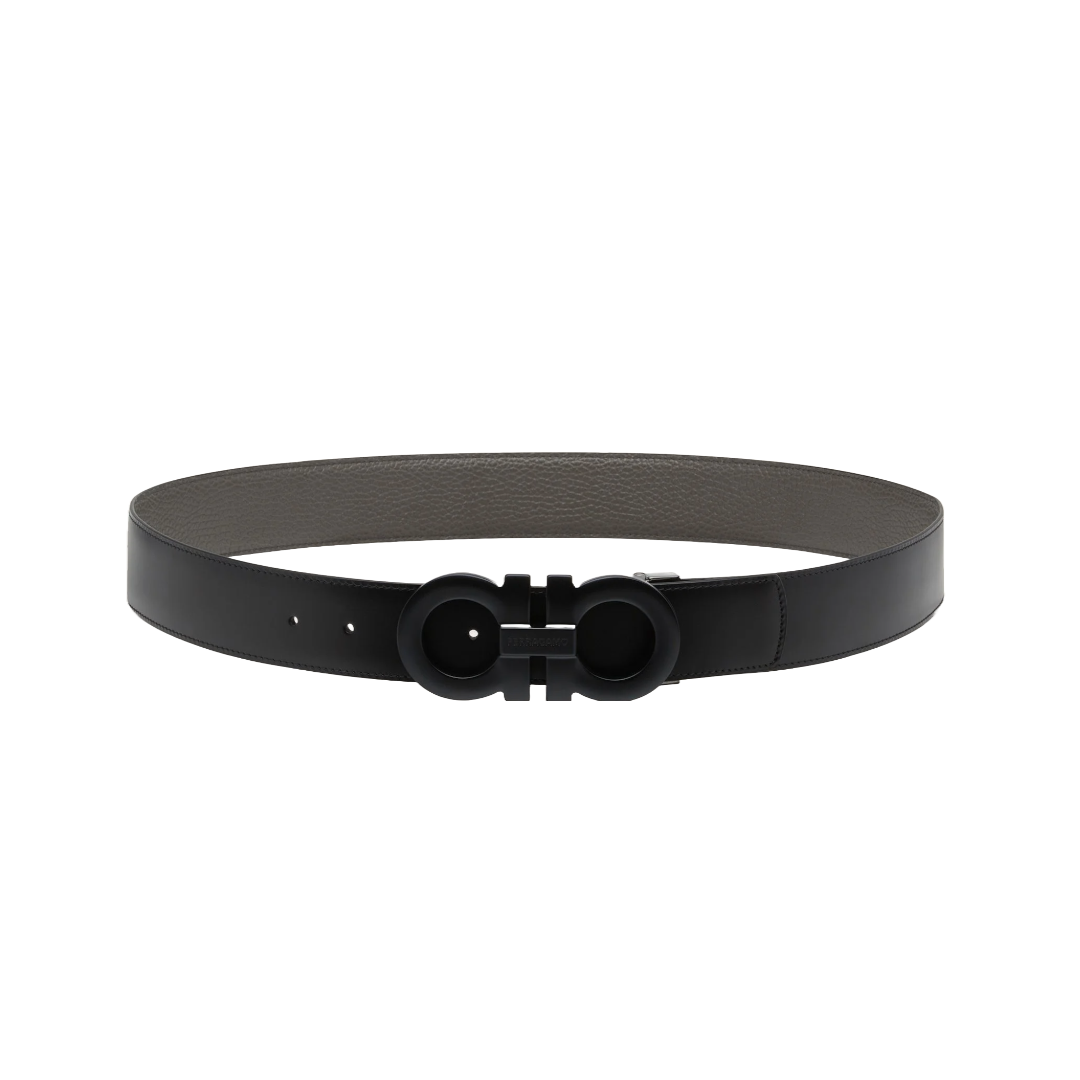 FERRAGAMO REVERSIBLE AND ADJUSTABLE REVERSIBLE GANCINI BELT DARK GREY/BLACK