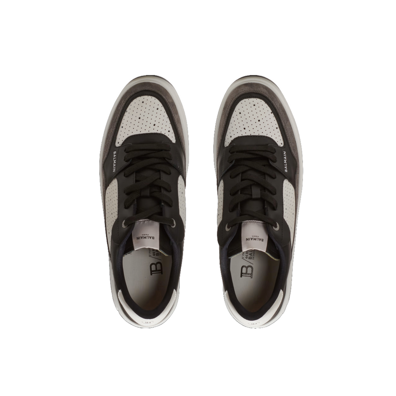 BALMAIN B-COURT FLIP TRAINERS IN LEATHER AND SUEDE BLACK/WHITE/GREY