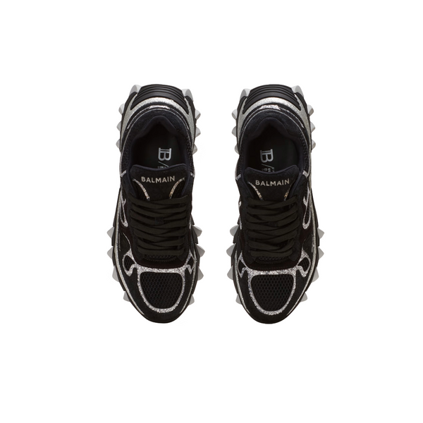 BALMAIN B-EAST TRAINERS IN LEATHER MESH AND GLITTER BLACK/SILVER