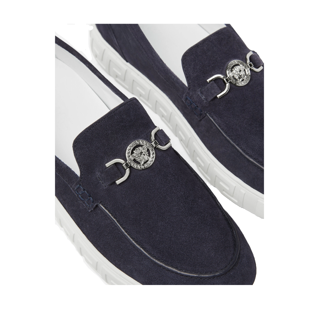 VERSACE MEDUSA '95 SUEDE GRECA LOAFERS NAVY BLUE