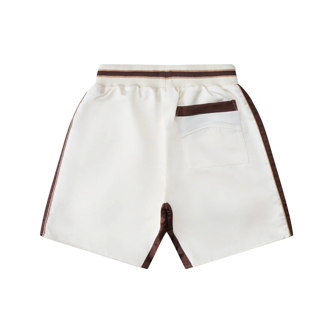 RHUDE SATIN SOUVENIER SHORT IVORY/BROWN