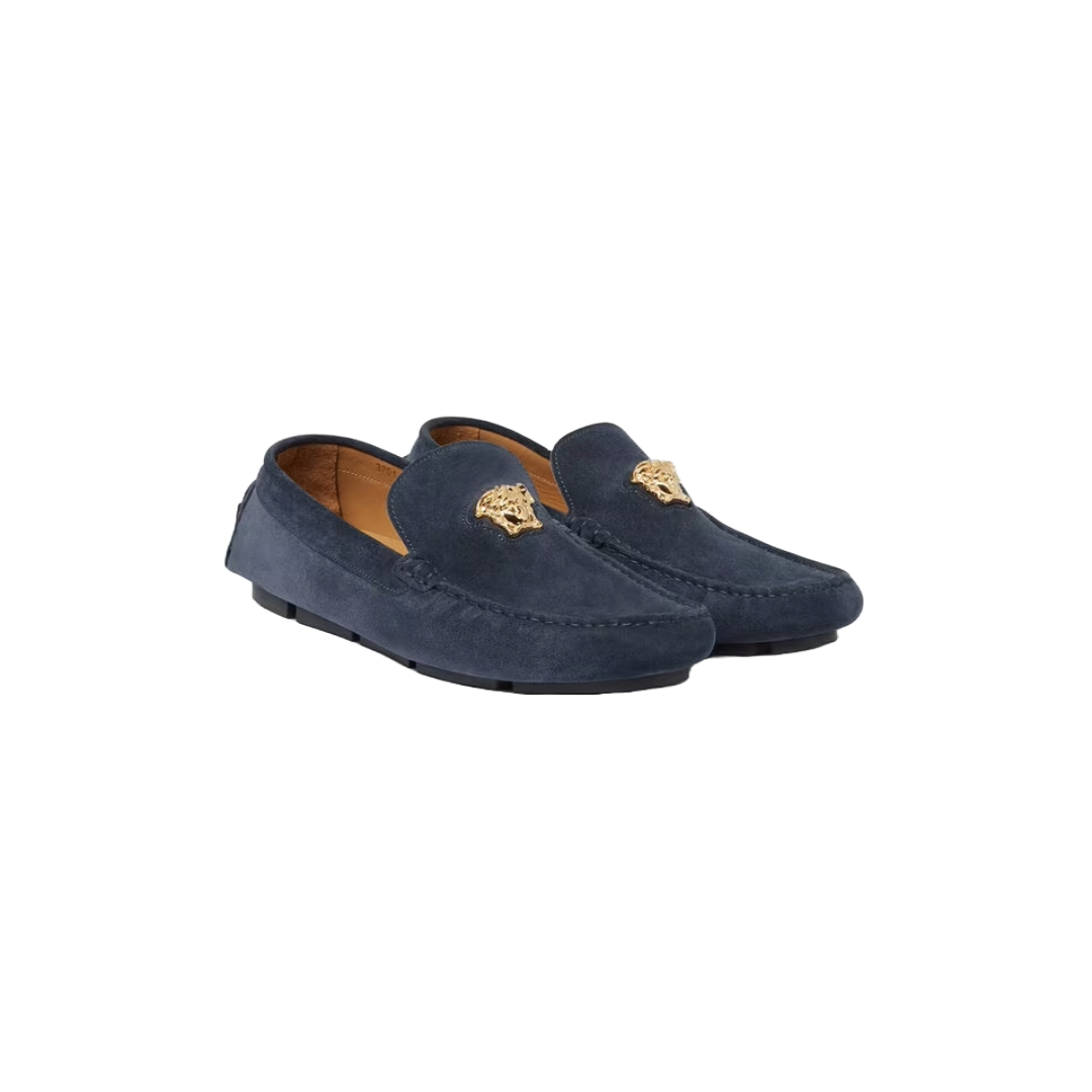 VERSACE LA MEDUSA STUDDED GRECA VELVET DRIVER SUEDE SHOES  NAVY