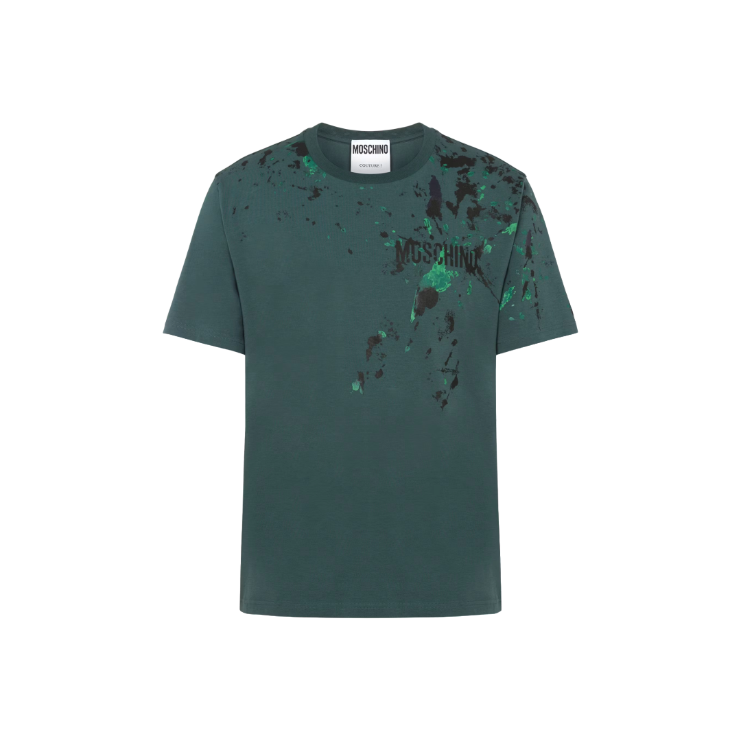 MOSCHINO PAINTED EFFECT STRETCH JERSEY T-SHIRT DARK GREEN