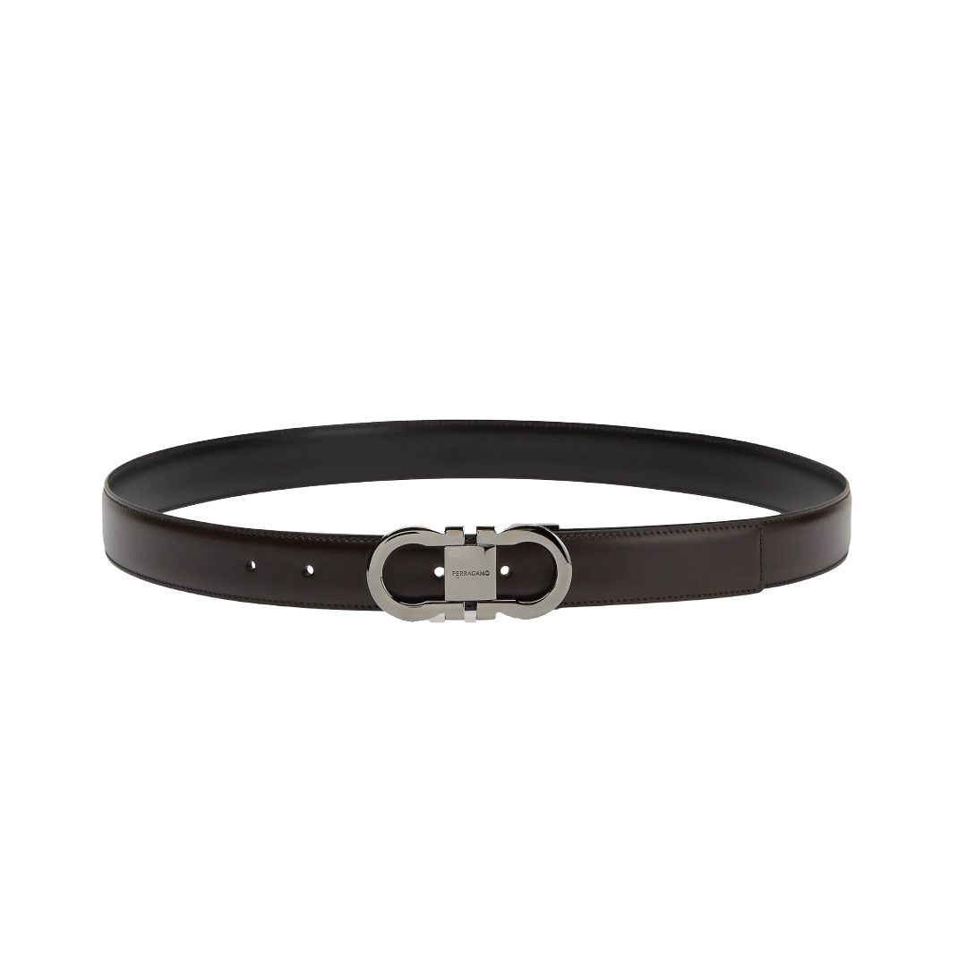 FERRAGAMO GANCINI REVERSIBLE AND ADJUSTABLE BELT BLACK/DARK BROWN