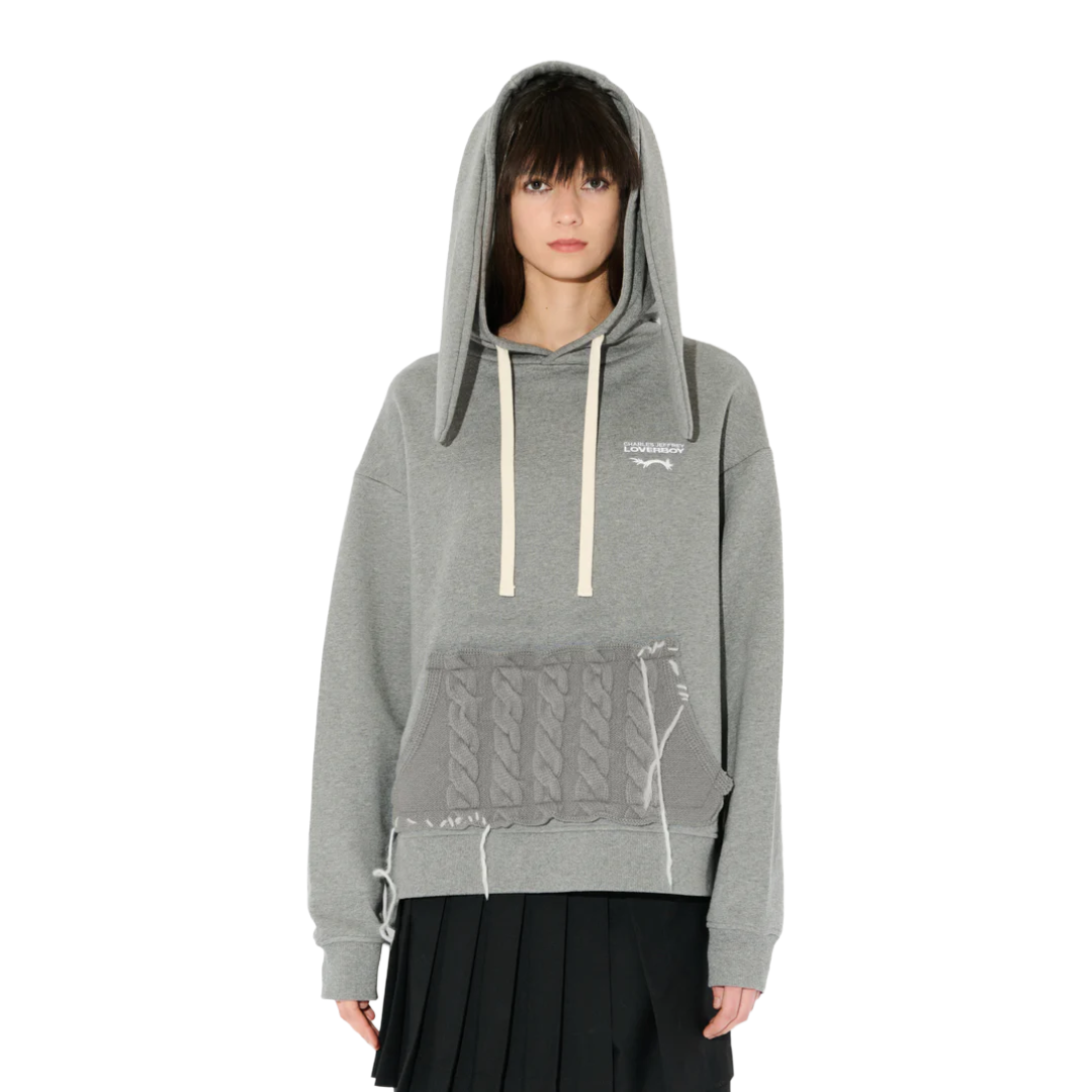 PATCH RABBIT EARS HOODY IN GREY MARL GREY