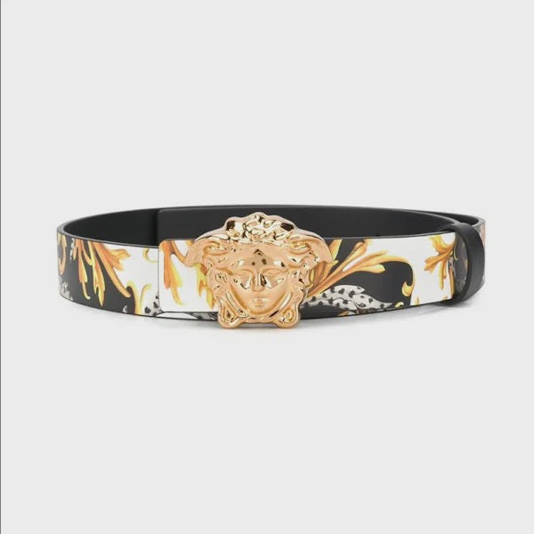 VERSACE GOLD MEDUSA HEAD BAROQUE PRINT BELT