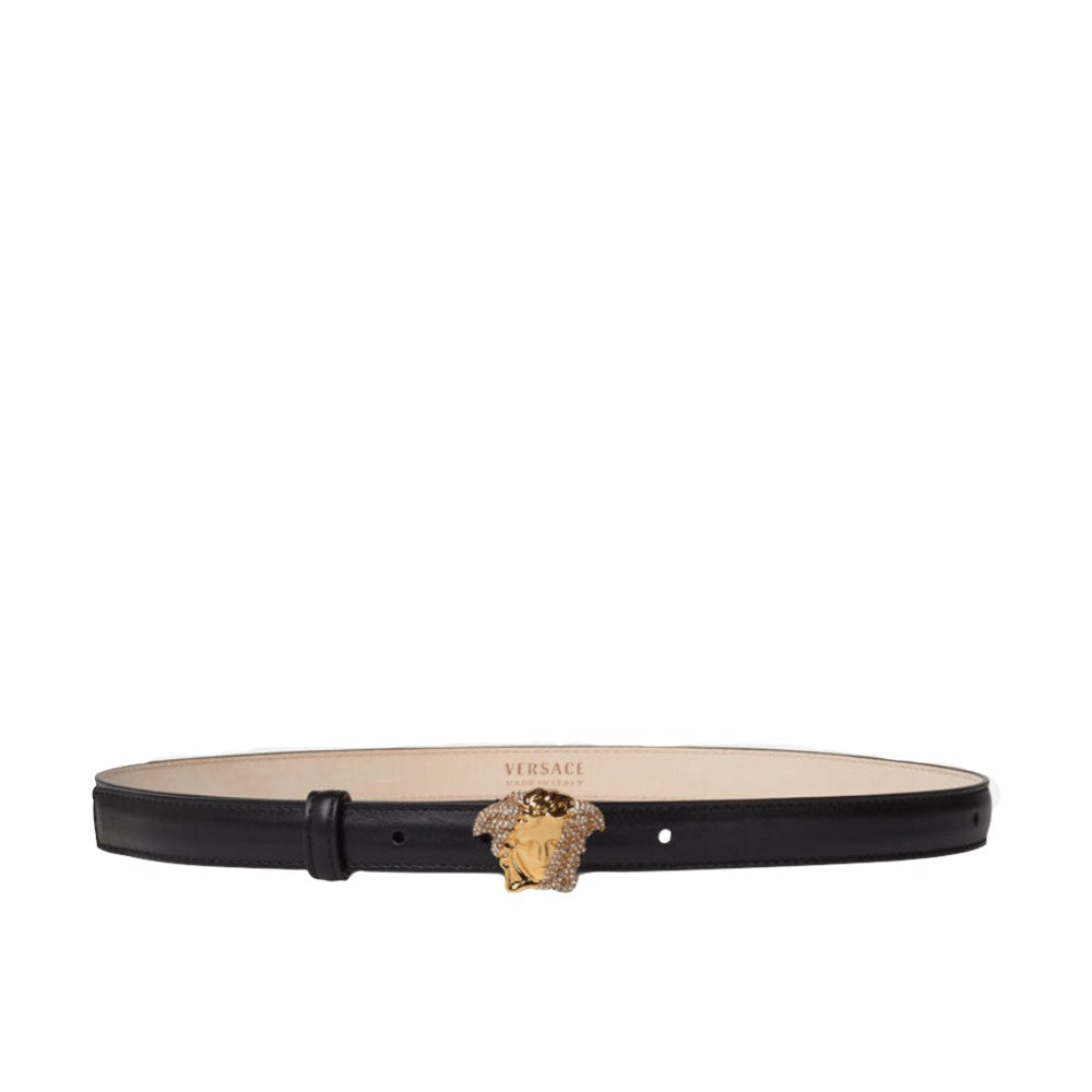 VERSACE LA MEDUSA CRYSTAL LEATHER BELT NERO-ORO