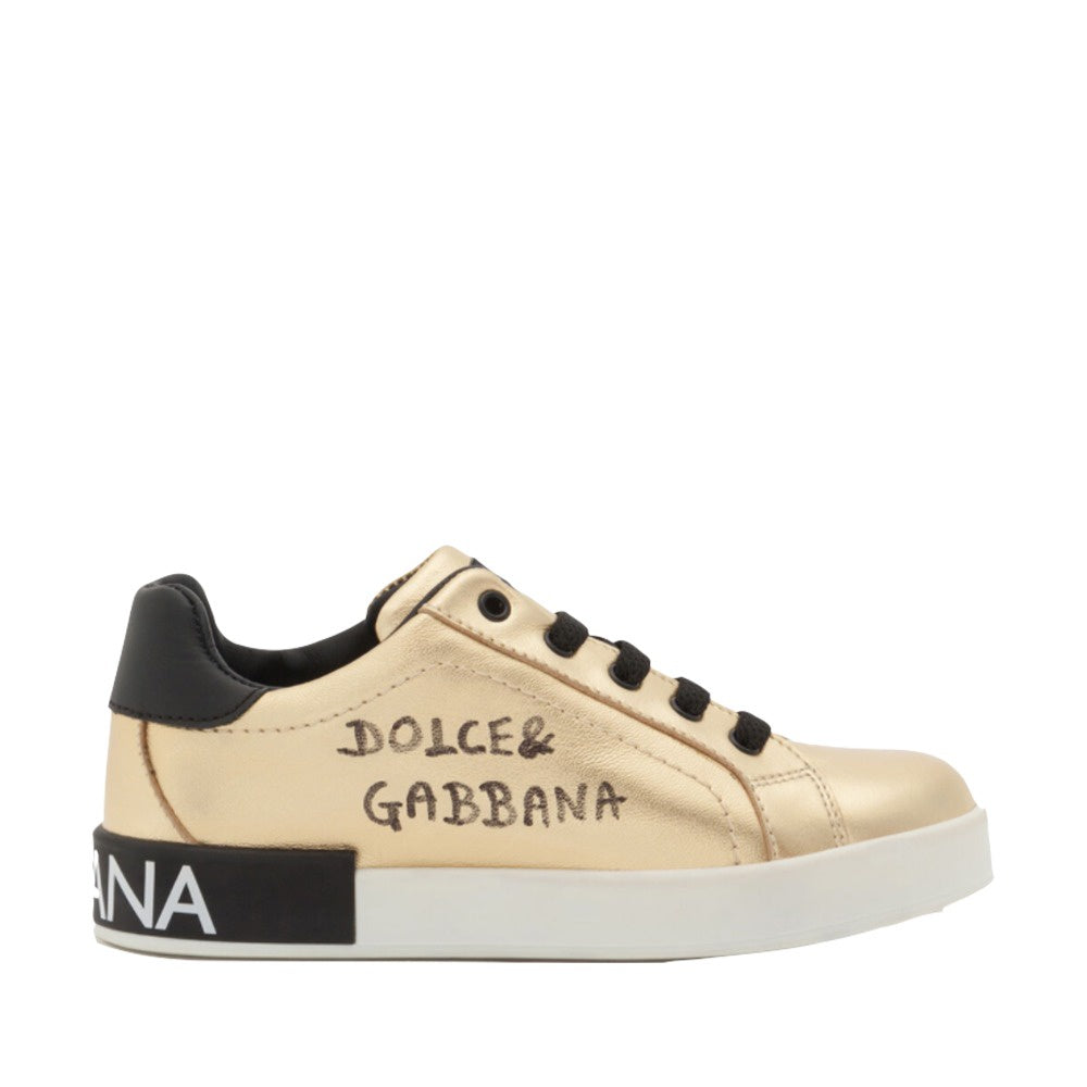 DOLCE & GABBANA KIDS LAMINATED LAMBSKIN PORTOFINO CUSTOM SNEAKERS WITH LOGO PRINT ORO-NERO