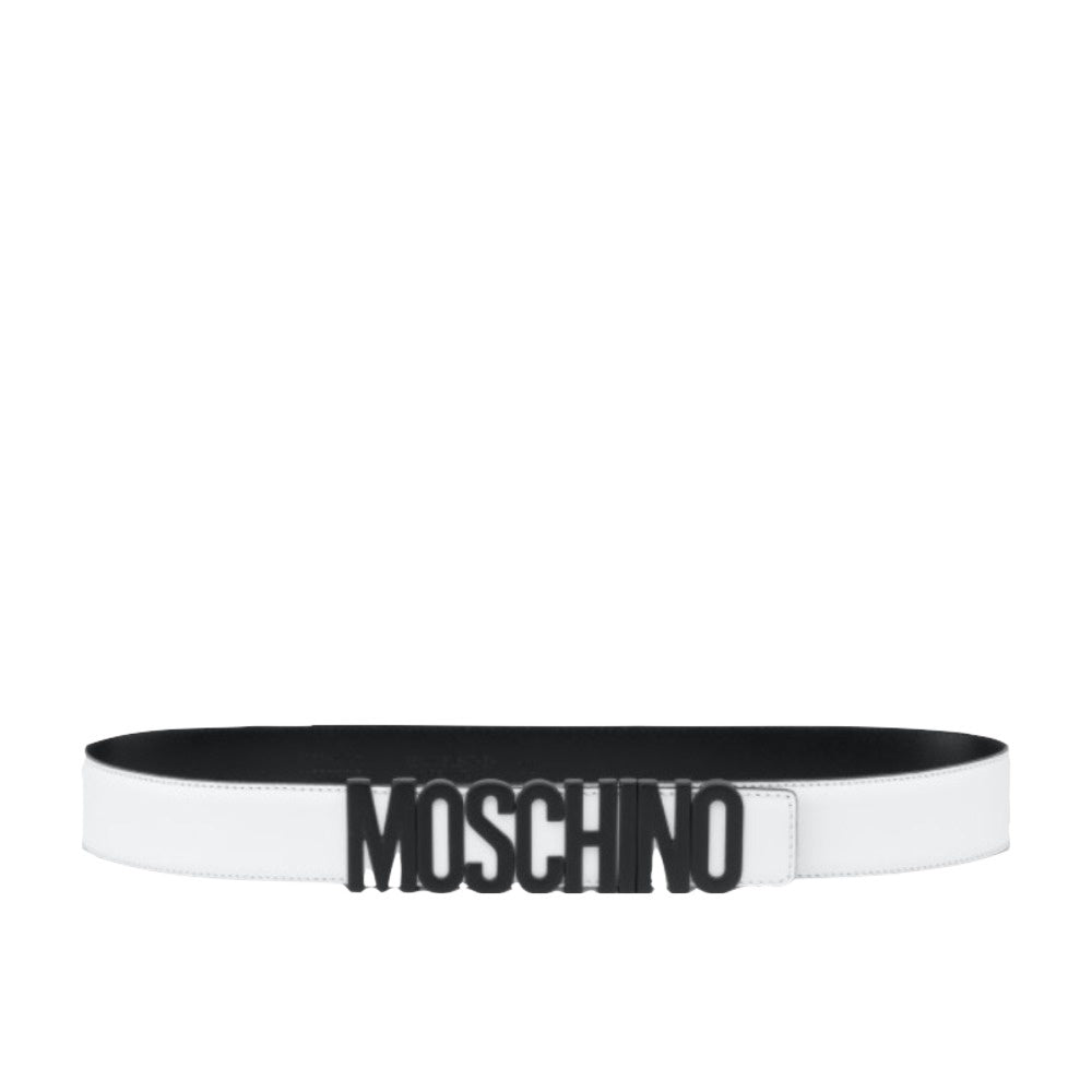 MOSCHINO BELT CALFSKIN BELT LETTERING LOGO WHITE-BLACK