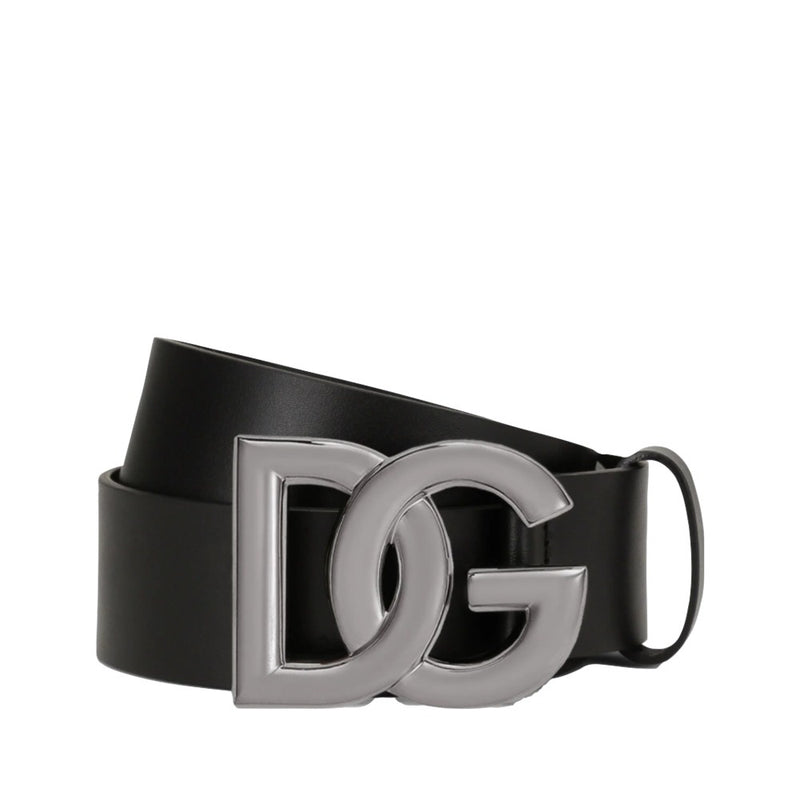 DOLCE & GABBANA LUX LEATHER WITH CROSSOVER DG LOGO BELT  BLACK-SILVER