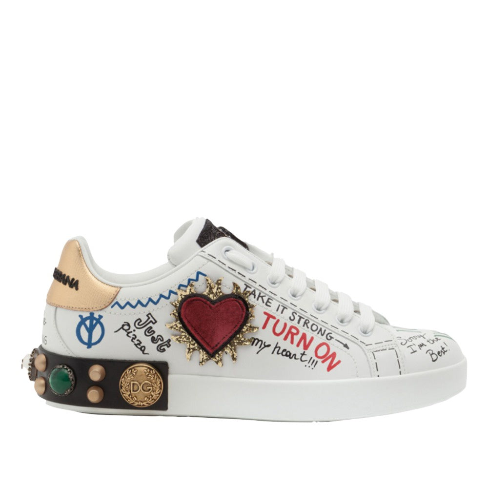 DOLCE & GABBANA PRINTED CALFSKIN NAPPA PORTOFINO SNEAKERS WITH PATCH AND  EMBROIDERY