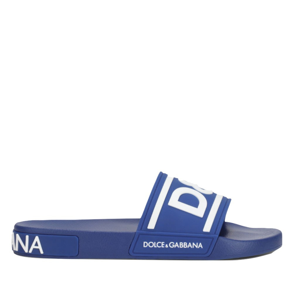 DOLCE & GABBANA RUBBER BEACHWEAR SLIDERS WITH DG LOGO BLUE-WHITE