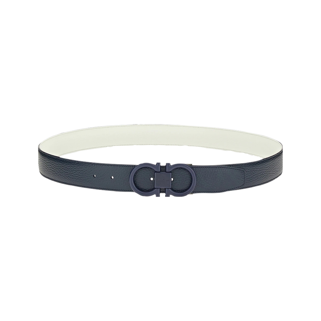 Ferragamo, Grained leather silver buckle reversible belt