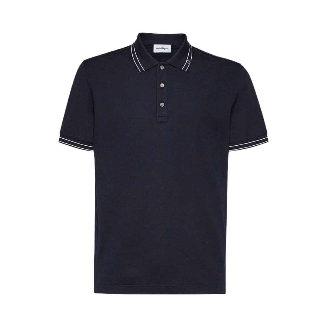 SALVATORE FERRAGAMO COTTON PIQUET POLO NAVY BLUE/WHITE