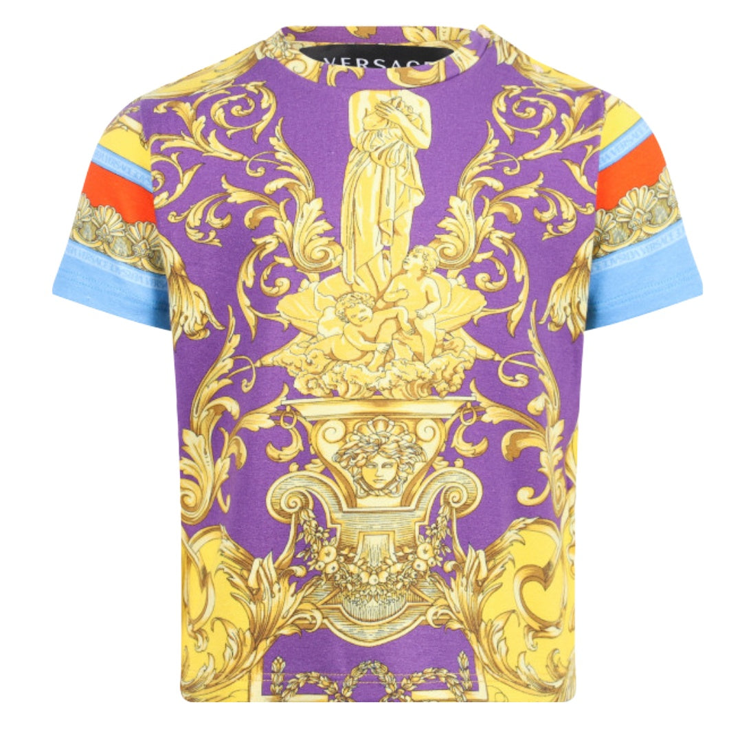 KIDS VERSACE Barocco Goddess Logo T-Shirt in Purple, Orange and Golden