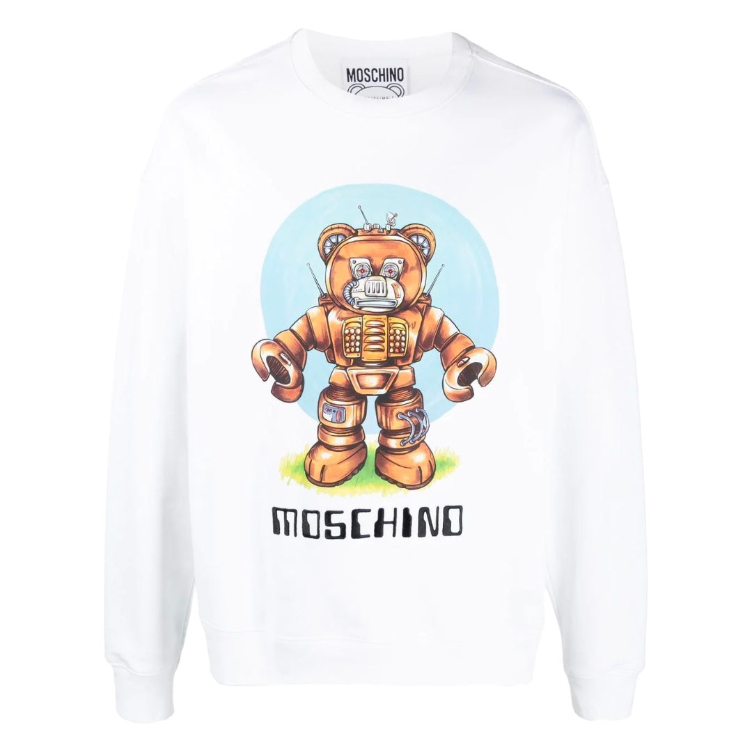 MOSCHINO ROBOT BEAR ORGANIC JERSEY SWEATER WHITE