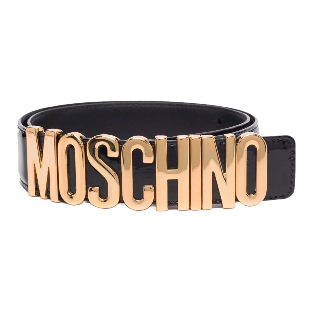 MOSCHINO LOGO PLAQUA LEATHER BELT BLACK/GOLD