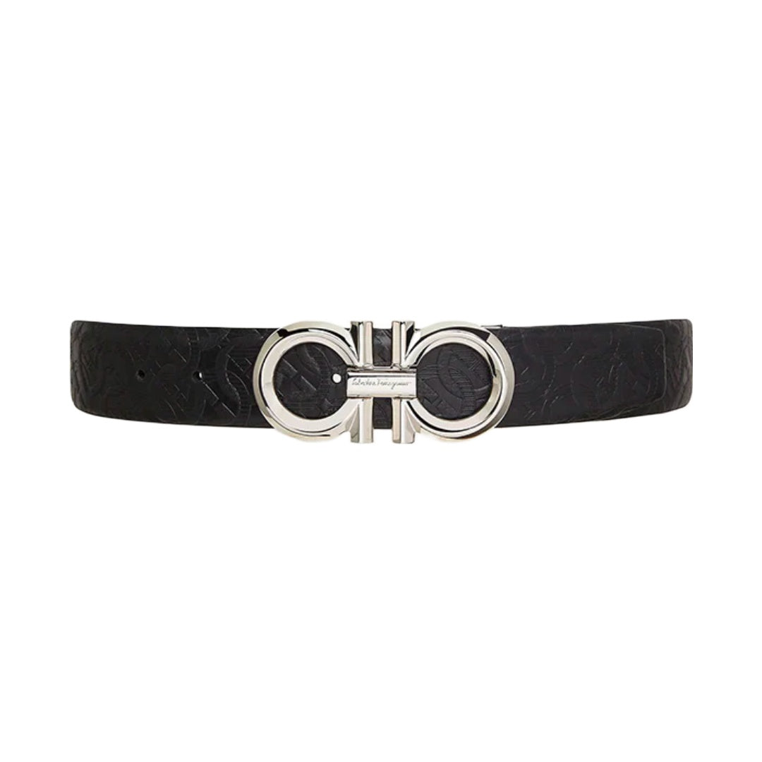 SALVATORE FERRAGAMO REVERSIBLE AND ADJUSTABLE GANCINI BELT BLACK/NAVY