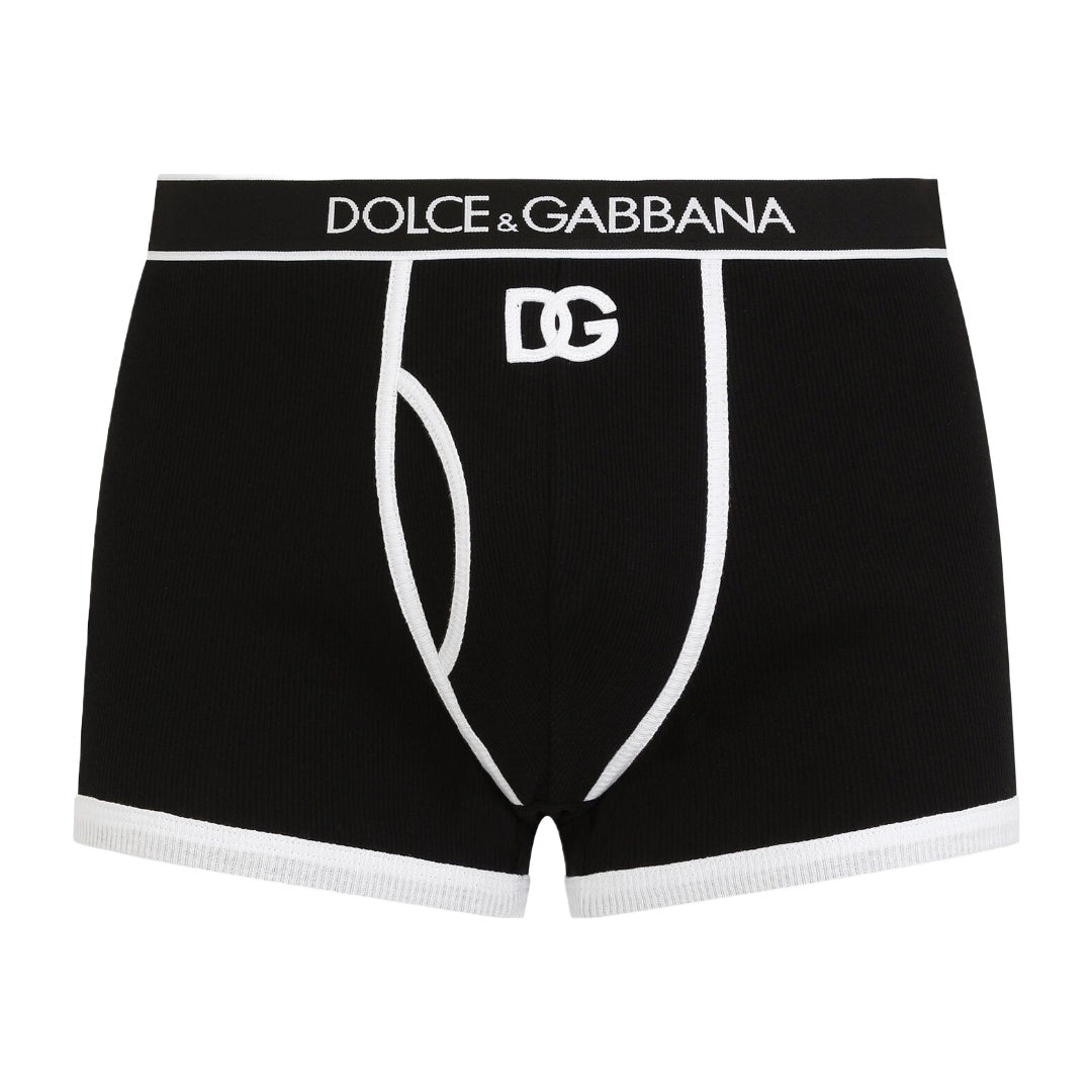 DOLCE & GABBANA FIN COTTON BOXERS WITH DG LOGO BLACK/WHITE