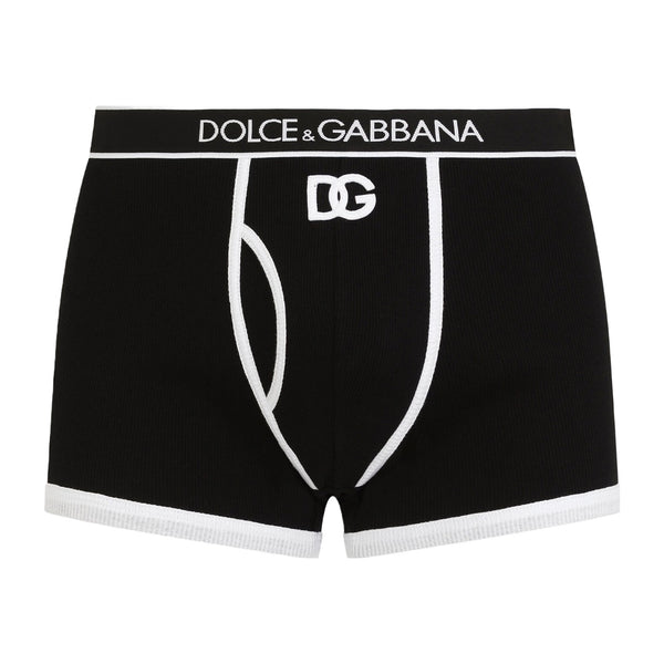 DOLCE & GABBANA FIN COTTON BOXERS WITH DG LOGO BLACK/WHITE