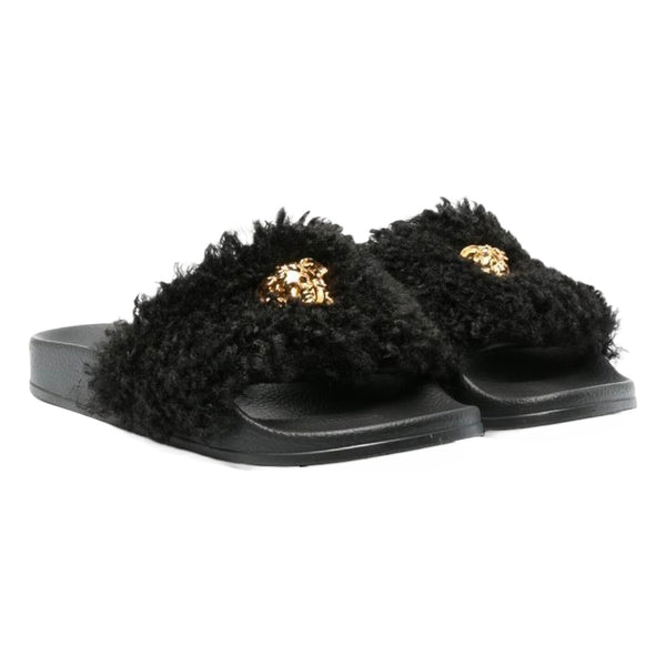 VERSACE KIDS MEDUSA FAUX FUR SLIDES BLACK/GOLD