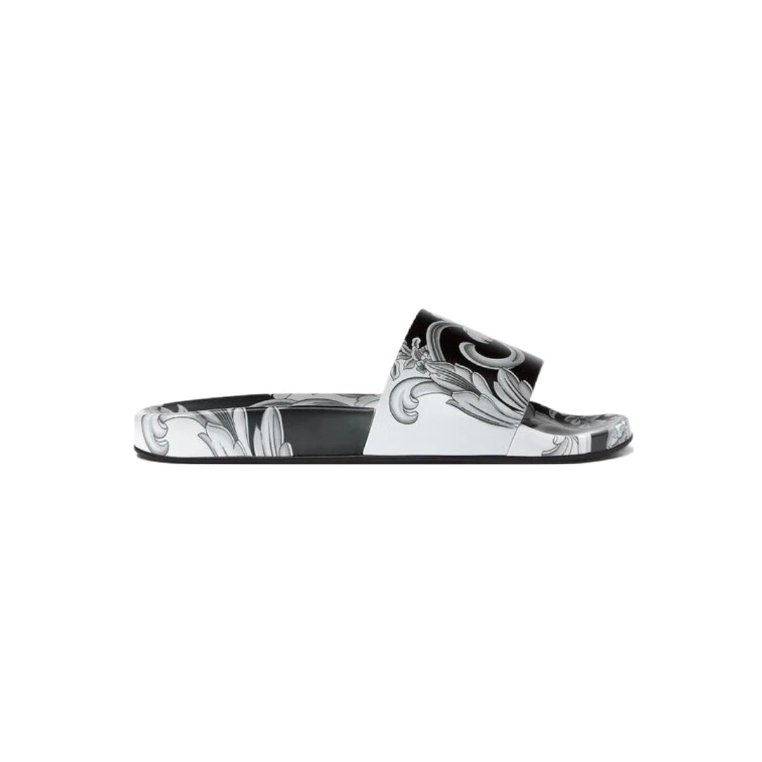 VERSACE MENS SILVER BAROQUE SLIDERS BLACK/WHITE