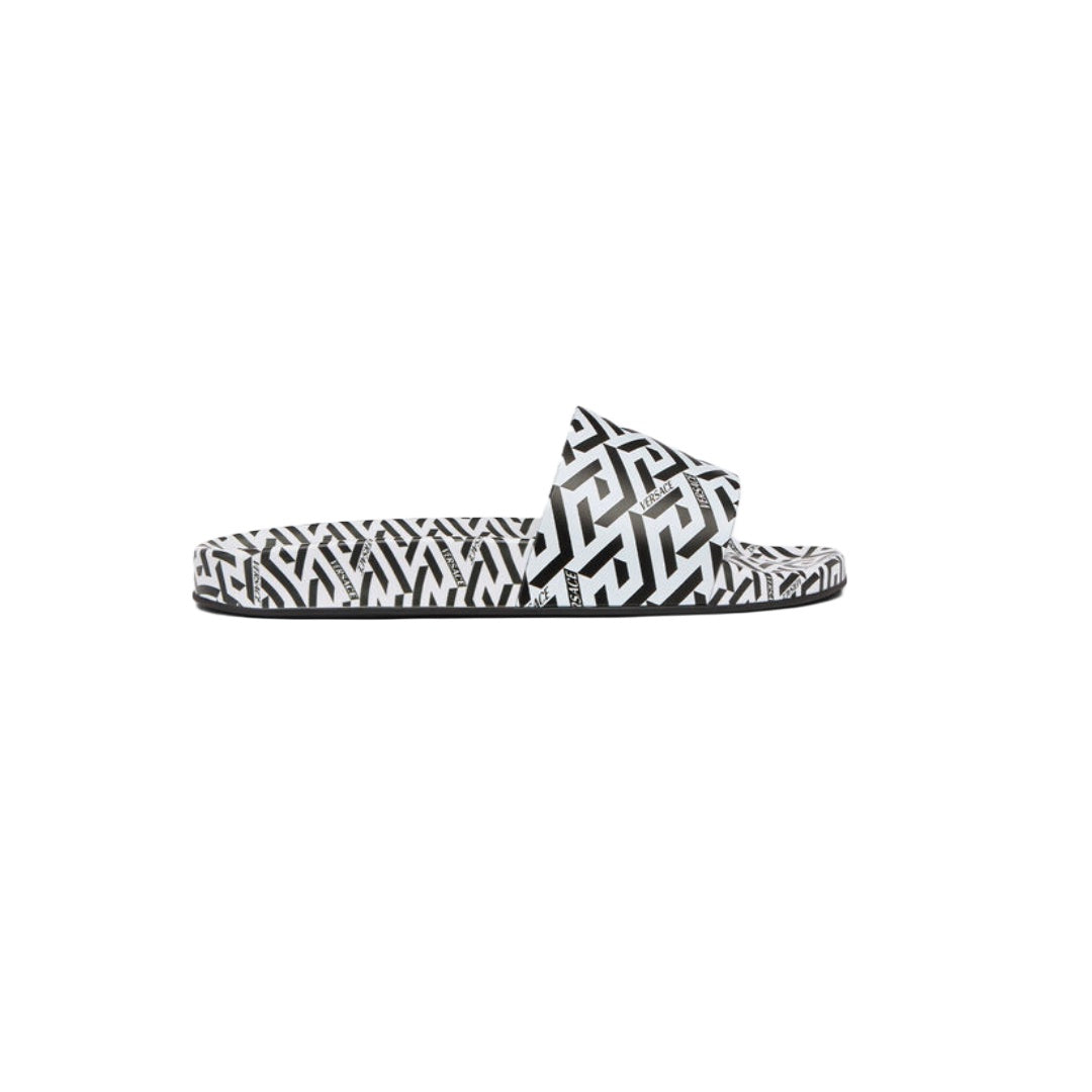 VERSACE MENS LA GRECA PRINT SLIDES WHITE/BLACK