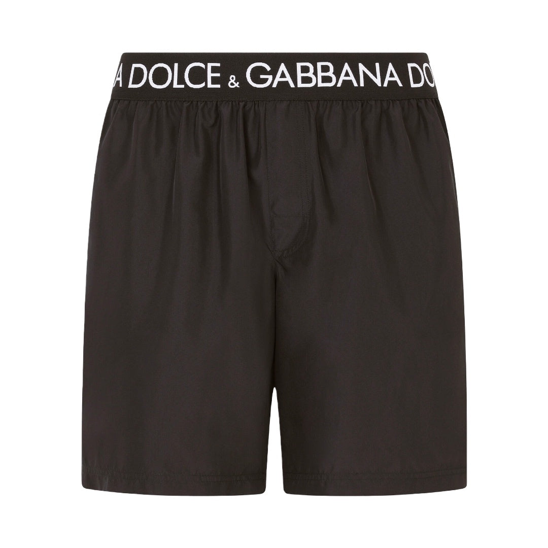 DOLCE & GABBANA MID LENGTH SWIM TRUNK WITH BRANDED STRETCH WAISTBAND BLACK